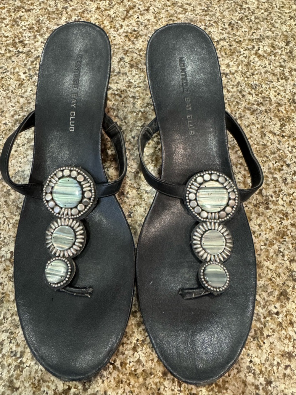 Montego Bay Club Black Sandals with Iridescent Shell Accents